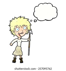 cartoon crazy woman with spear with thought bubble