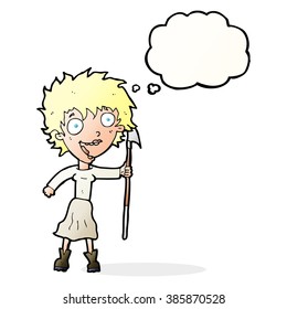 cartoon crazy woman with spear with thought bubble