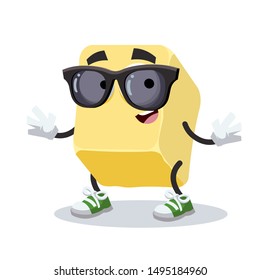 cartoon creamy butter or margarine character mascot in black sunglasses on a white background