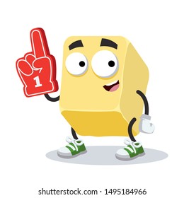 cartoon creamy butter or margarine character mascot with the number 1 one sports fan hand glove on a white background