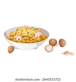 Cartoon creamy risotto composition with mushrooms and herbs. Isolated vector hand drawn Italian food illustration for restaurant, menu, Italian cuisine, packaging, cooking projects, stickers, culinary