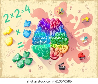 Cartoon creative cerebral thinking template of people with more developed right hemisphere of brain vector illustration