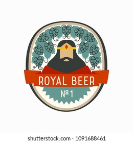 Cartoon creative character of king with a black beard and a gold crown on background with red ribbon and hop cones and leaves. Flat styled beer label with a royal design