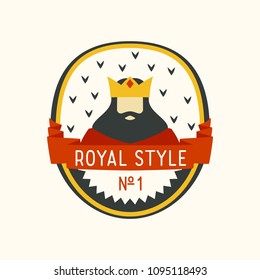 Cartoon creative character of king with a black beard and a gold crown. Flat styled label with a royal design with red ribbon