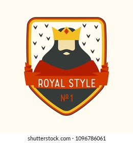 Cartoon creative character of king with a black beard and a gold crown. Flat styled label with a royal design with red ribbon