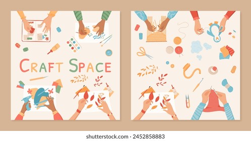 Cartoon creative DIY art workshop background, colorful hands make craftwork top view banner, handicraft knitting work hobby concept, handmade weaving handcraft activity class vector collection,