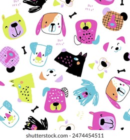 Cartoon creative dog faces on white seamless pattern. Childish texture