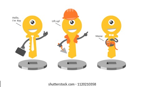 Cartoon creative illustration of character funny golden one-eyed key personage for development and real estate business.