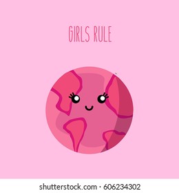 cartoon creative save the Earth globe & world. sweet & cute face smiling for humanity earth girls, woman or lady day with space & text - girls rule. female control in the world. only beauty & fashion