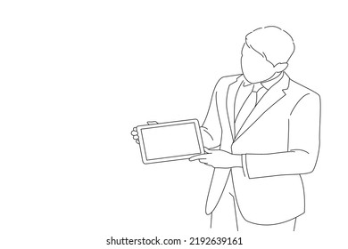 Caricatura de ingeniero joven creativo en traje de negocio con corbata presenta una tableta. Estilo de dibujo artístico onelino
