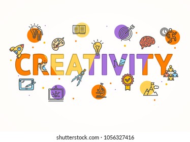 Cartoon Creativity Concept Card Poster Paper Art Design with Outline Icons Include of Bulb, Brain, Target and Laptop. Vector illustration
