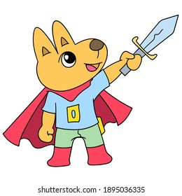 a cartoon creature carrying a sword imagining himself to be a knight, character cute doodle draw. vector illustration