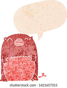 criatura de dibujos animados con burbuja del habla en un estilo retro angustiado con textura gruesa