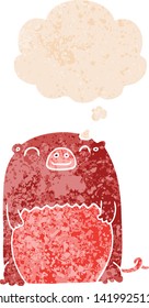 cartoon creature with thought bubble in grunge distressed retro textured style