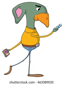 Cartoon creature walking with phone