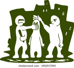 Cartoon creatures in the city interact with each other.
