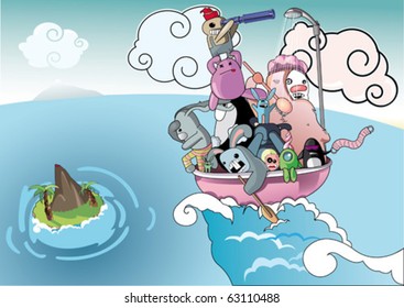 cartoon creatures sailing a sea in a bath