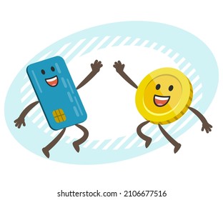 Cartoon Credit Card Character  and Cartoon Coin Character giving high-five. Electronic payments. Vector Illustration. 