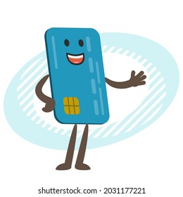 Cartoon Credit Card Character explaining and pointing somewhere with his hand. Vector Illustration.
