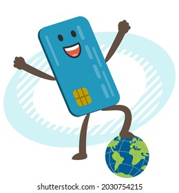 Cartoon Credit Card Character keeping his foot above the planet. Vector Illustration.