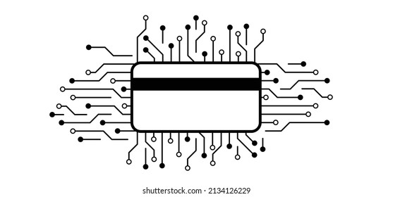 Cartoon Creditcard Icon Or Pin Pas. Bank Payment, Shopping Symbol. Circuit Board Electronic. Lines, Dots Connect. Vector Credit Card Data, Digital Background. Money, Finance, Security. Cyber, Hacker