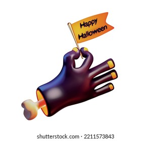 Cartoon Creepy Halloween Violet Monster Hand. 3D Realistic Vector Illustration Zombie Hand Holding A Plate With Inscription Happy Halloween. Cartoony Chopped Off Hand With White Bone And Orange Nails.