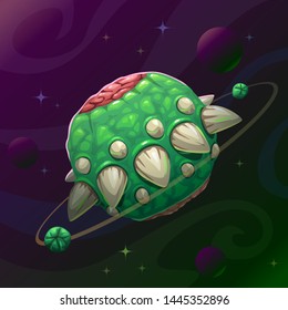 Cartoon creepy monster planet with spikes and jaws on the dark space background. Alien cosmic creature. Fantasy space asset for game design. Vector creepy illustration.