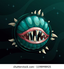 Cartoon Creepy Monster Planet With Spittle Mouth And Jaws On The Dark Space Background. Fantasy Space Asset For Game Design. Vector Cosmic Illustration.