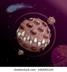 	
Cartoon creepy monster planet with spittle mouth and jaws on the dark space background. Fantasy space asset for game design. Vector cosmic illustration.