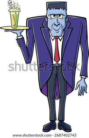 Cartoon of creepy and odd looking blue shaded butler character that is staring forward and holding a serving tray with a green bubbling, frothy drink with a skull stirrer and eyeball on the bottom.