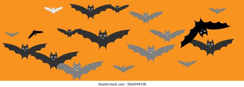 Cartoon Creepy Orange Scary Vampire Bats. Chaos Black Sky Dracula Horror Bats Illustration. Funny Fear Spooky Grey White Backdrop. Monster Party Gothic Mysterious Faces Halloween Art Illustration.