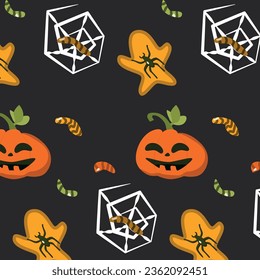 cartoon creepy pattern with spiders and pumpkin 