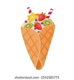 Cartoon crepe. Sweet pastry pancake with fruits and whipped cream, bakery pastry dessert flat vector illustration. Delicious crepe with filling on white