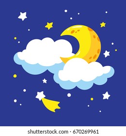Cartoon crescent and clouds in the night sky. Vector illustration is suitable for greeting cards and prints on t-shirts.