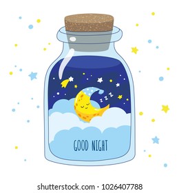 Cartoon crescent with clouds and stars in a magic glass jar. Vector illustration.