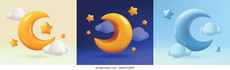 Conjunto de carteles de luna creciente de dibujos animados. Lindos Anuncios con luna amarilla y azul rodeados de nubes y estrellas. Noche, sueños y sueño. colección de Ilustración vectorial 3D aislada en el fondo