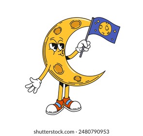 Caricatura de luna creciente retro groovy espacio personaje orgullosamente sosteniendo la bandera con luna llena y estrellas. Personaje de Vector aislado con zapatillas y expresión de confianza, simbolizando la exploración y el orgullo