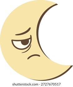 Luna creciente de la historieta con una expresión triste en un estilo plano simple en un fondo blanco