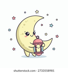 A cartoon crescent moon with a smiling face holds a red lantern surrounded by stars.   