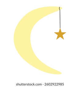 Cartoon crescent moon with  star on string. Yellow moon, golden star, black thread. Environment. One icon isolated on  white background. Flat design. Children's theme.