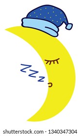 A cartoon of a crescent moon wearing a night hat and sleeping peacefully vector color drawing or illustration