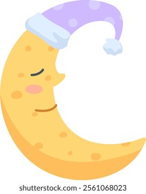 Cartoon crescent moon is wearing a purple dotted sleeping hat, its eyes are closed and it has a serene expression, conveying a sense of peace and restfulness