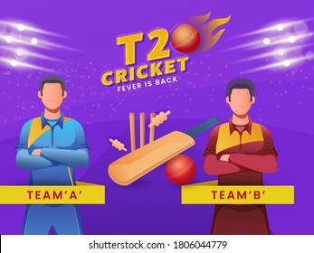 Cartoon Cricketers of Participant Team A & B with Equipment on Purple Lights Effect Background for T20 Cricket Fever Is Back.