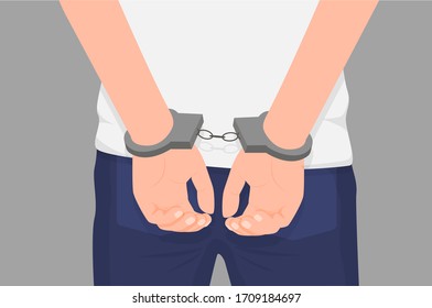 Cartoon crime man hands in handcuff at back isolated. Colorful arrested male arms wearing manacle behind vector graphic illustration. Close up law perpetrator at prison