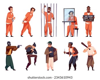 Cartoon criminal characters on outside and in prison. Robber, fraudster, dealer and hooligan, armed men, people in orange jumpsuits sitting in jail cage, law and punishment, tidy vector set