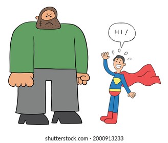 Cartoon criminal man is too big and the superhero is afraid of him, vector illustration. Colored and black outlines.