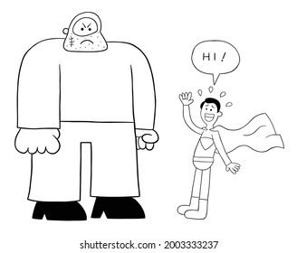 Cartoon criminal man is too big and the superhero is afraid of him, vector illustration. Black outlined and white colored.