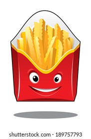 Cartoon crispy golden French fries in a colorful red takeaway carton pack with a happy smiling face isolated on white background