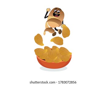 Cartoon Crispy potato chips character in bowl Vector illustration