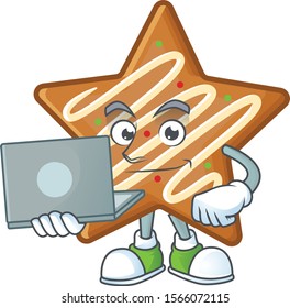 Cartoon crispy star cookies with the character with bring laptop